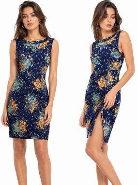 Apricot Sleeveless Dress Floral Blue and Orange Size Large